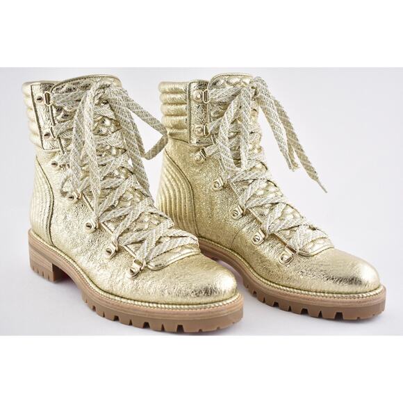 Christian Louboutin Mad Boot Platine Gold Flat Combat Lace Ankle Bootie 35.5 - Picture 4 of 12